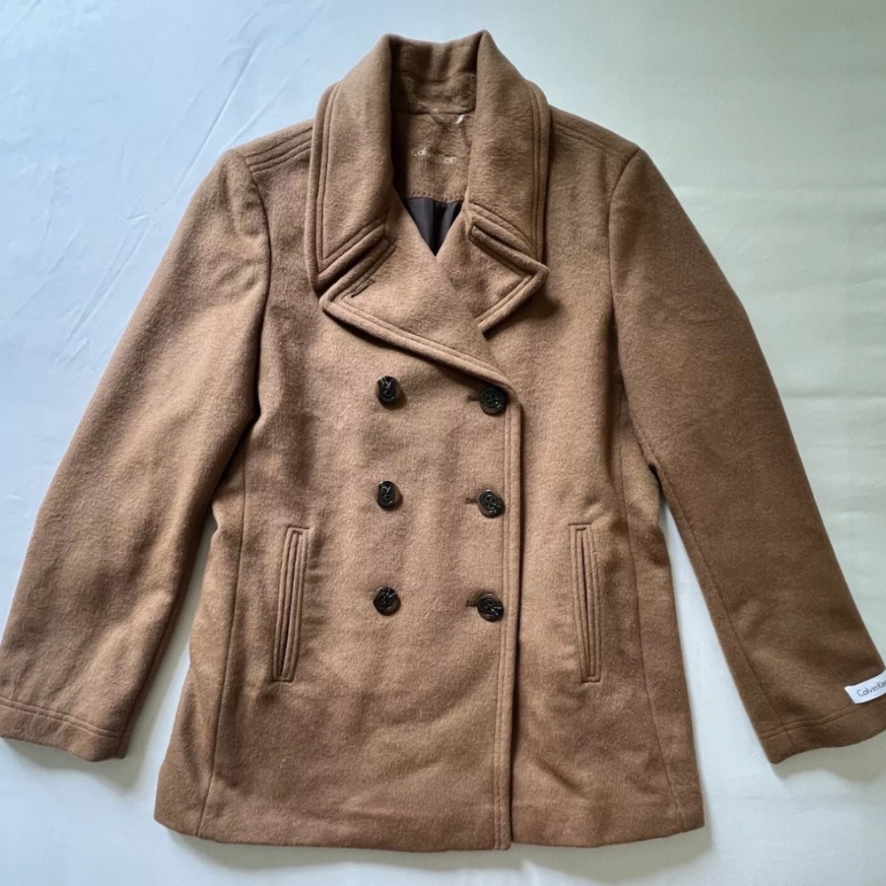New Calvin Klein Coat Women's Large 14 Brown Wool Pea Coat